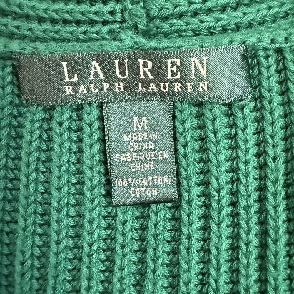 Lauren Ralph Lauren Green Cotton Knit Shawl Cardigan Medium Classy Preppy Money - Picture 8 of 11